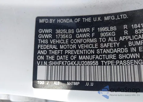 2018 Honda Civic Sport z USA, uszkodzony, nr VIN SHHFK7G4XJU208958